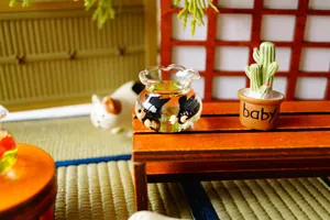 Miniature glass goldfish bowl and green plant set for dollhouse and landscape decor