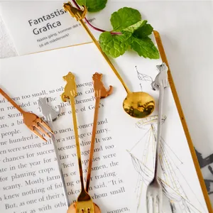 Kawaii Cat Handle 304 Stainless Steel Coffee Spoon Fruit Fork Gold Silver Rose Gold Stirring Dessert Spoon Kitchen Accessory