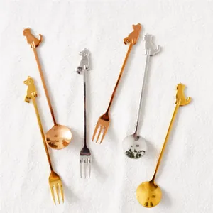 Cute Japanese style cat handle stainless steel spoons and forks in gold and silver finish