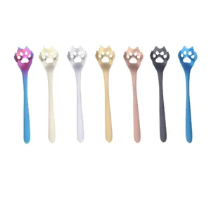 Set of seven colorful cat claw stainless steel coffee spoons with cute hollow design