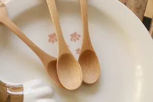 Macro de trois cuillères en bois patte de chat sur assiette avec grain de bois naturel