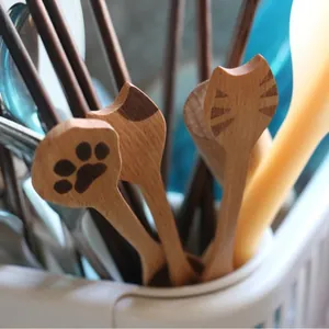 Ensemble de cuillères à café en bois avec motif patte de chat en bois de hêtre poli