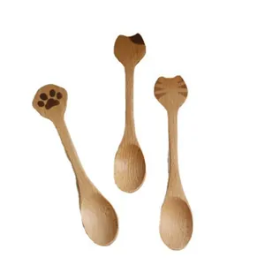 Lot de trois cuillères à mélanger en bois naturel motif patte de chat pour café et desserts