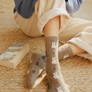Japanese retro mid-calf socks with cute cat patterns and red hearts in warm brown knit