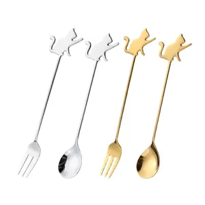 Creative cat silhouette stainless steel dessert spoons and forks set in gold and silver