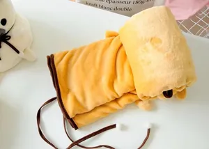 Soft yellow coral fleece animal hooded blanket with plush ball drawstring and brown edging
