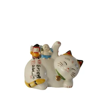 Lucky Fortune Cat ceramic bank with Japanese Daifuku and deity figurines