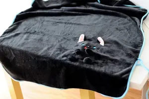 Close-up of black plush cat blanket featuring soft 3D feline details and blue trim