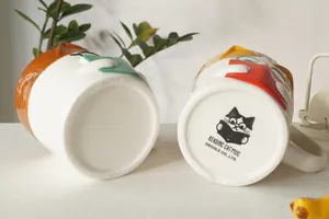 Close-up of ceramic cat mug bottom showing the Reading Cat Mug logo and brand details
