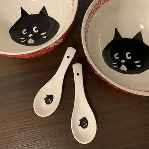 Japanese Style Cartoon Black Cat Ceramic Spoon White Porcelain Soup Spoon For Daily Dining Table With Hanging Hole