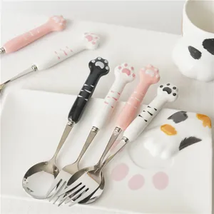 Mignon Ensemble Cuillère et Fourchette en Acier Inoxydable avec Manche en Céramique en Forme de Patte de Chat Japonais Cuillère à Dessert