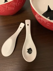 Detail of ceramic cat soup spoon and red bowl set with cute kitten motif and 3D relief