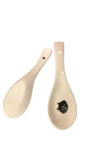 Japanese Ne-net cat ceramic soup spoon set with black cat print in creamy white finish