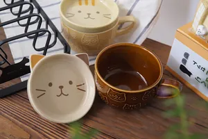 Set de tasses à café chat en céramique avec couvercle à oreilles et motif en relief
