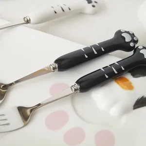 Ensemble cuillère et fourchette en inox avec manche chat mignon en céramique japonaise