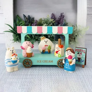 Japanese style miniature ice cream truck scene with cute animal resin figurines