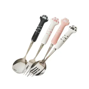 Set de cuillères et fourchettes japonaises avec manches en céramique en forme de patte de chat