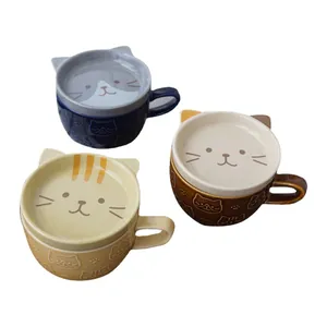 Lot de 3 mugs en céramique chat avec couvercles à oreilles en bleu, café et crème