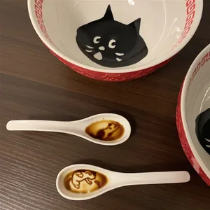 Japanese Style Ceramic Spoon Cute Cat Relief Design Creative Hidden Silhouette Porcelain Tablespoon For Kitchen Dining Daily Use