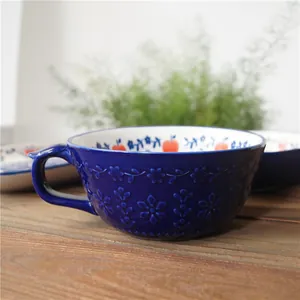 Japanese style retro embossed apple ceramic soup cup with hand-painted floral pattern
