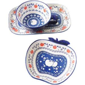 Japanese style apple-shaped ceramic dinnerware set with blue floral pattern