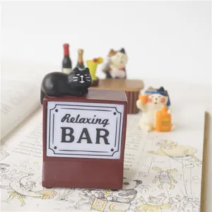 Miniature black cat figurine on Relaxing Bar resin base for desk decoration