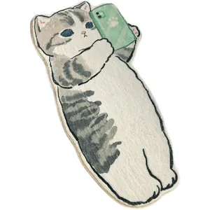 Cute gray and white striped cat shaped bedside rug with soft plush texture in a white background