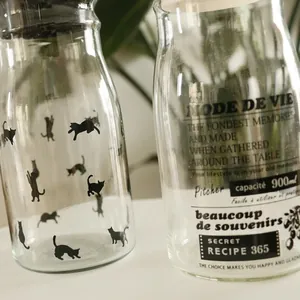 Carafe en verre de 900 ml avec silhouette de chat noir et lettrage artistique élégant