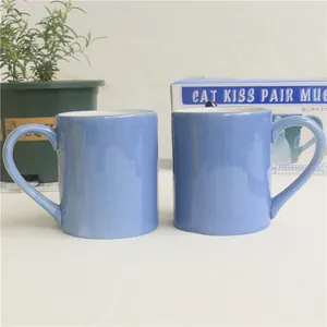 Close-up of light blue ceramic cat kissing pair mugs in original gift box packaging