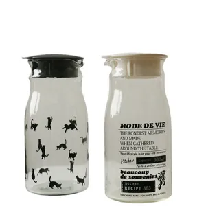 Carafe en verre minimaliste de 900 ml avec motif chat noir et couvercle en plastique