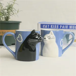 Creative Japanese Ceramic Cat Kissing Couple Mugs Set 3D Relief Coffee Milk Cups With Heart Pattern For Anniversary Gift