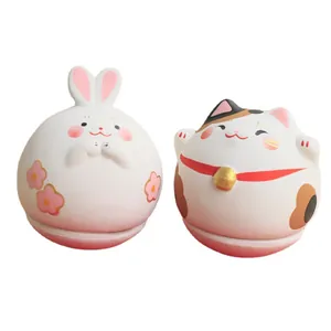 Japanese style hand-painted Maneki Neko cat and rabbit ceramic desktop figurines