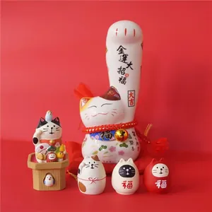 Hucha de Gato de la Suerte de Cerámica de Estilo Japonés Maneki Neko Brazo Grande Hucha de Fortuna y Riqueza Adorno de Escritorio para Hogar