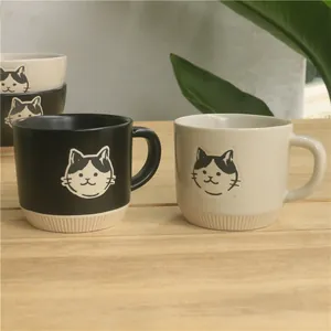 Japanese Style Cartoon Cat Ceramic Mug Matte Black White Coffee Cup With Vertical Stripes Microwave Oven Dishwasher Safe