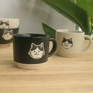 Japanese style cartoon cat ceramic coffee mug with matte finish and embossed stripes