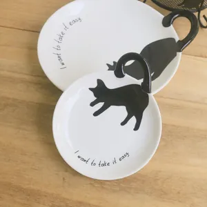 Juego de platos de cerámica de gato negro estilo japonés con mango creativo