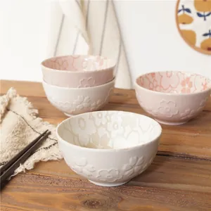 Japanese Style Sakura Embossed Ceramic Rice Bowl Underglaze Floral Soup Bowl Pink White Square Plate Tableware For Home Kitchen