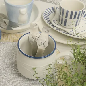 Japanese style matte stainless steel polar bear dessert spoon with ceramic mug set