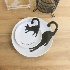 Plato de Cerámica de Estilo Japonés Con Asa de Cola de Gato Creativo Patrón de Gato Negro Bandeja para Desayuno Postre Pastel Plato de Almacenamiento de Joyas