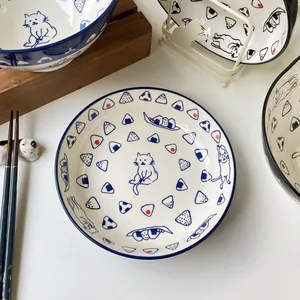 Japanese style blue cat ceramic plate set with hand-painted sushi and onigiri patterns