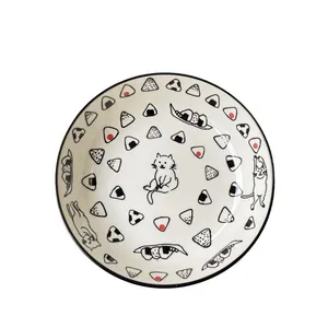 Japanese style ceramic cat and onigiri pattern round dinner plate for home use