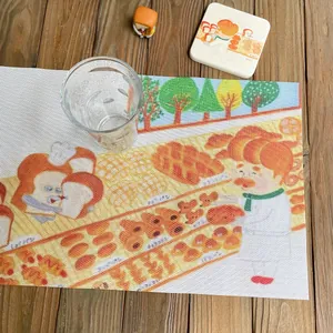 Japanese cartoon bread thief placemat with heat-resistant woven texture on wooden table