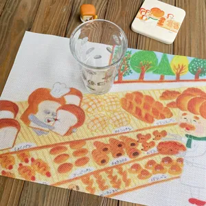 Japanese cartoon bread thief placemat with cute forest illustrations on wood background
