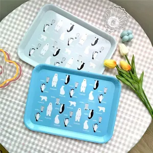 Cute Cartoon Penguin Bird Alphabet Pattern PP Serving Tray Nordic Style Rectangular Plastic Storage Platter For Snacks Candy Fruits Home Kitchen Organizer