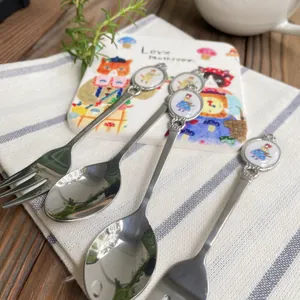 Vintage watercolor cat illustration stainless steel dessert spoon and fruit fork set