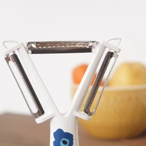 Éplucheur multi-fonctions en Y en acier inoxydable avec motif floral bleu sur le manche