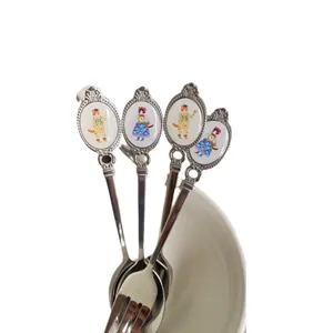 Vintage watercolor cat illustration stainless steel dessert spoons and fruit fork set