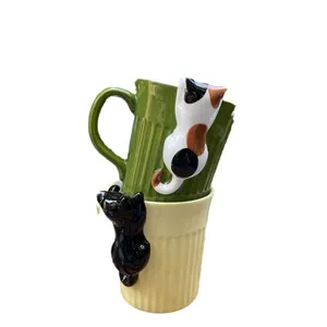 Cute ceramic mugs with 3D climbing cat figurines and vintage textured vertical stripes
