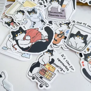 Detailed flat lay of cute cartoon cow cat stickers showing various daily life scenes