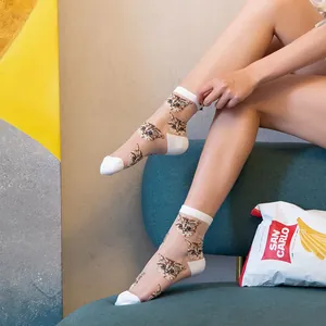 Japanese style sheer mesh cat socks featuring realistic feline patterns and white accents